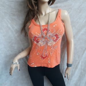 Orange Glitter Cross Tank Top Splatter Wide Neck S